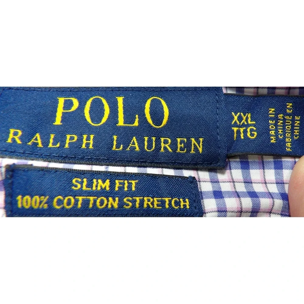 Polo Ralph Lauren Shirt Men XXL Slim Fit Plaid Check Long Sleeves Cotton Stretch